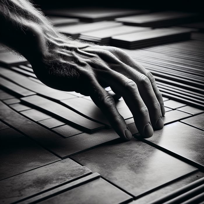 Meticulous Hand Placing Tiles | Black and White Architectural Photo