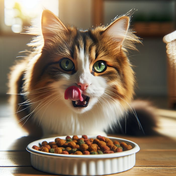 Adorable Cat Enjoying Meal in Sunlit Room