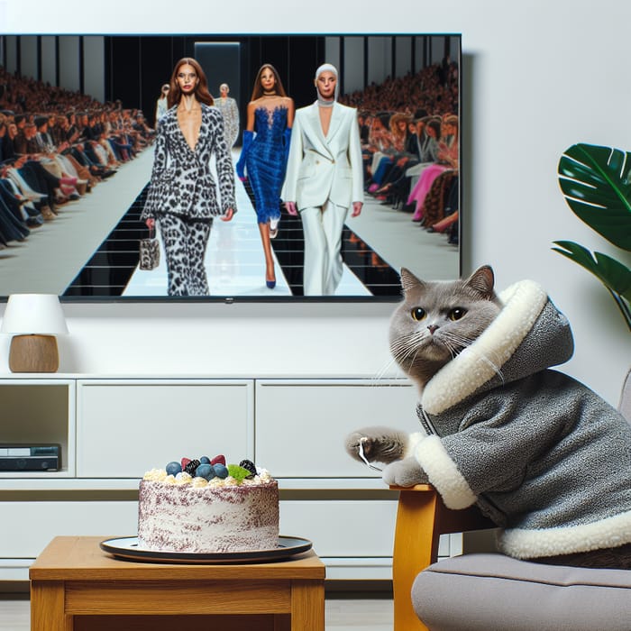 Cozy Room with Stylish Cat Watching TV Show