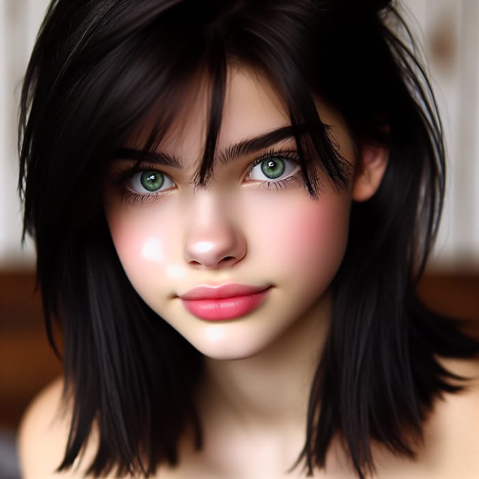 Stunning 15-Year-Old Girl with Wolf-Cut Hair, Green Eyes