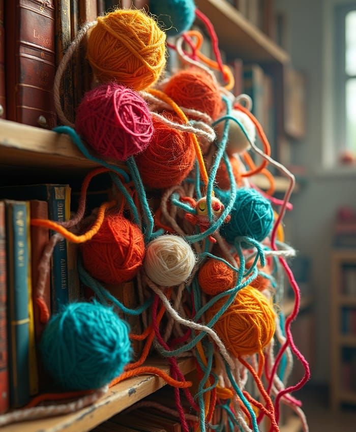 Tangled Threads: A Colorful Library Scene