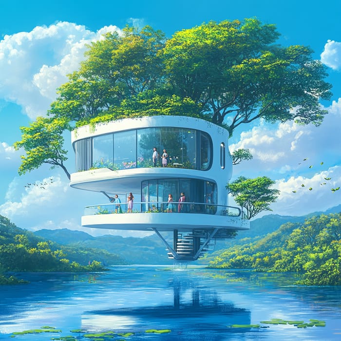 Whimsical Futuristic House on a Serene Lake