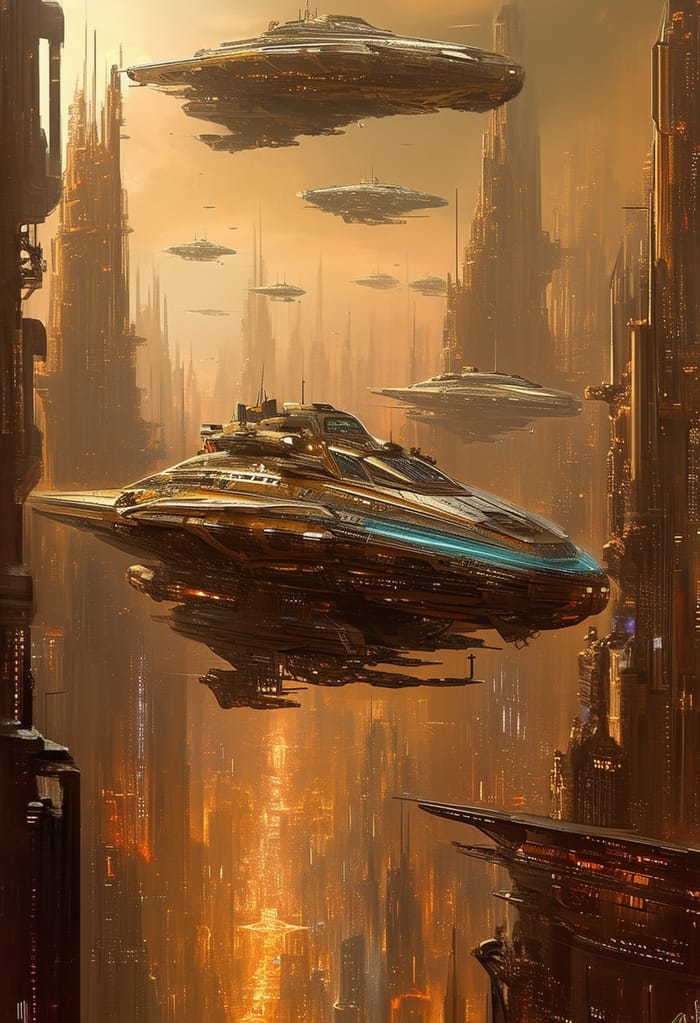 Futuristic Military Spaceships in Steampunk City