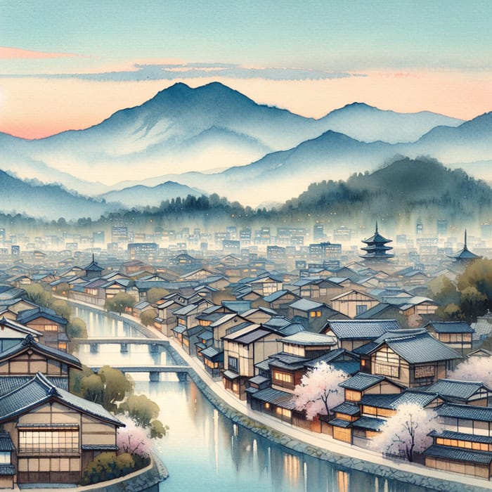 Serene Kyoto Cityscape Watercolor Painting | Tranquil Japanese Aesthetic