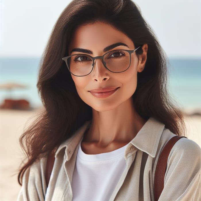 Middle Eastern Woman on Sunny Beach | Confidently Styled in Casual Attire