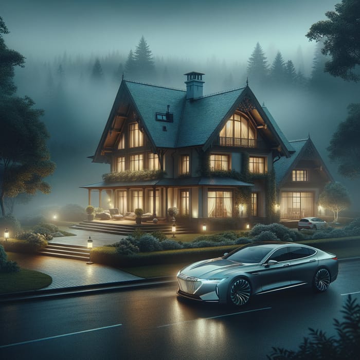 Tranquil Misty House and Luxury Audi in Surreal Night Scene