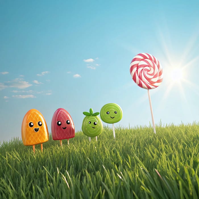 Colorful Cartoon Candies in a Sunny Scene