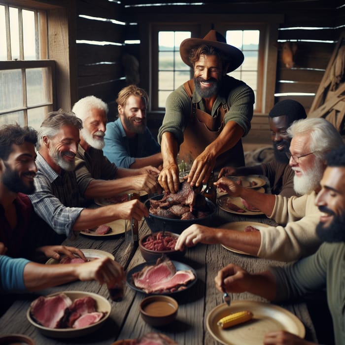 Diverse Men Indulging in Hearty Meal at Rustic Table