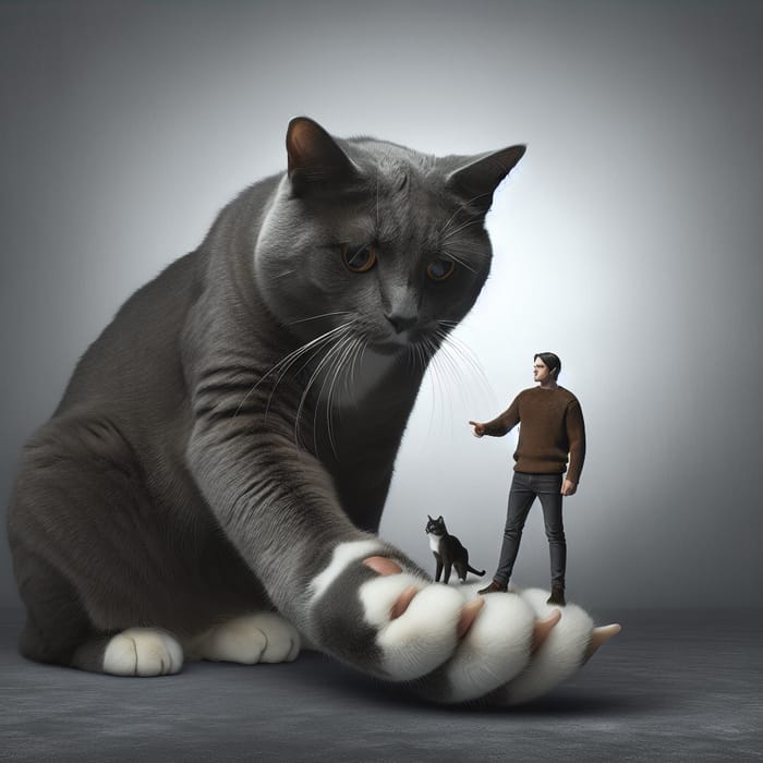 Surreal Grey Cat Holding Miniature Human Figure