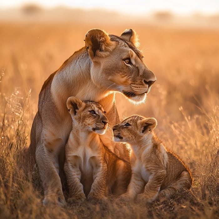 Nurturing Lioness with Cubs in Sunlit Savannah