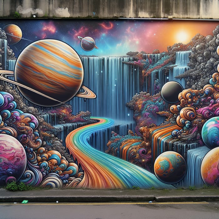 Surrealistic Planets and Cascading Waterfalls Graffiti Tag