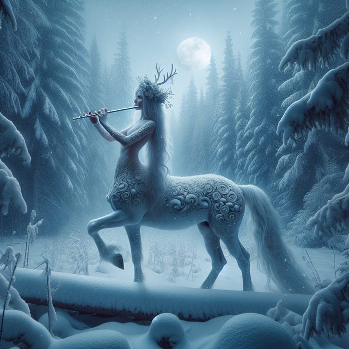 Majestic Female Centaur Playing Flute in Enchanted Snowy Forest