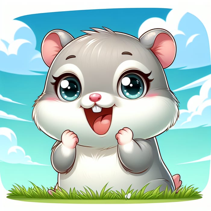 Adorable Grey Hamster Animation Smiling in Blue Sky