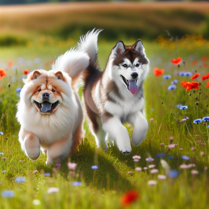 Chow Chow and Siberian Husky Playful Meadow Interaction