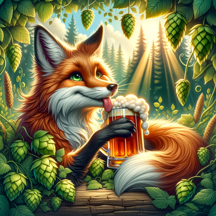 Charming Fox Enjoying Cold Brew in Vibrant Forest Setting