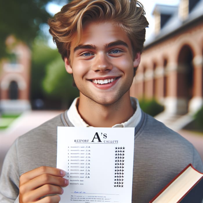 Intelligent College Student with Blonde Hair and Blue Eyes Achieves Straight A's