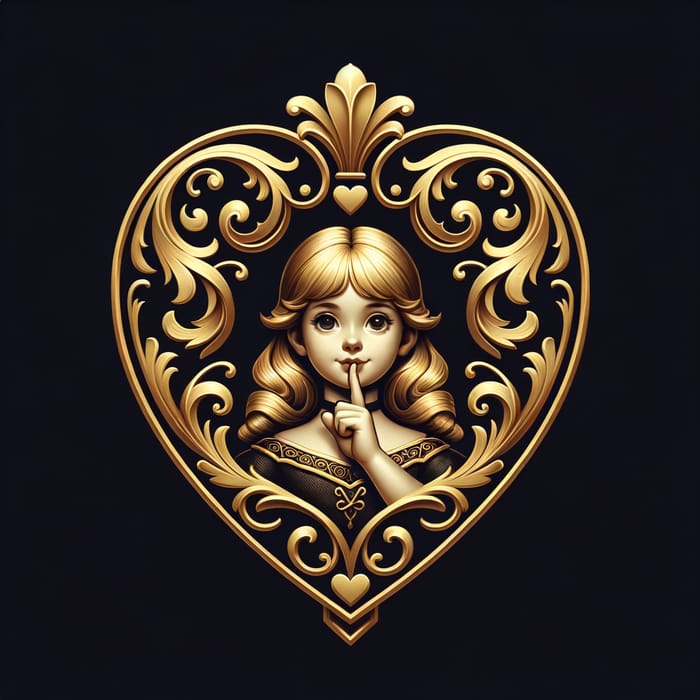 Ornate Gold Heart Coat of Arms | Regal Emblem with Playful Girl