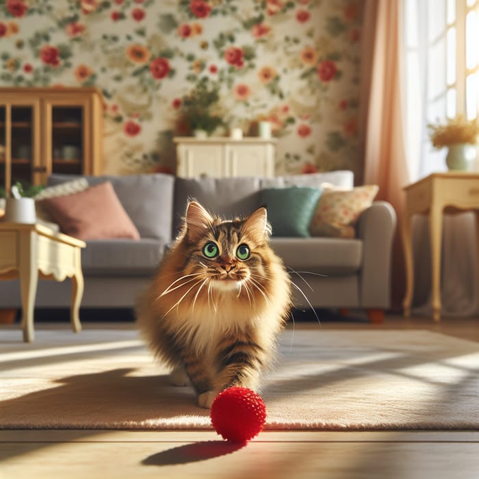 Playful Cat Chasing Toy Ball in Cozy Living Room