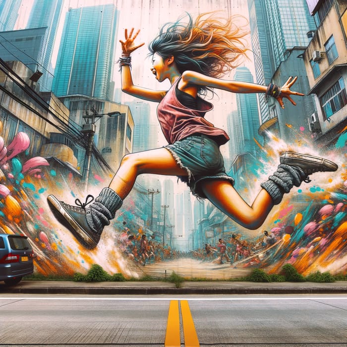 Vibrant Street Art with Energetic Young Girl in Dynamic Pose