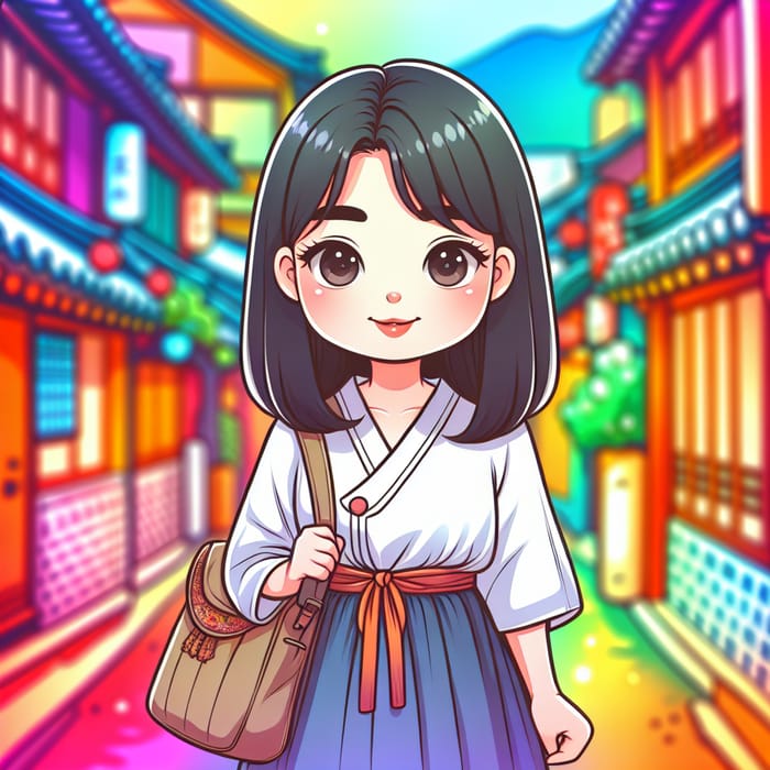 Charming Korean Girl Cartoon in Anime Style - Vibrant Street View