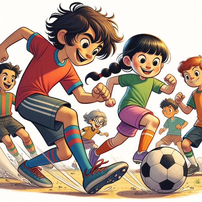 Children Playing Soccer in Whimsical Animation Style