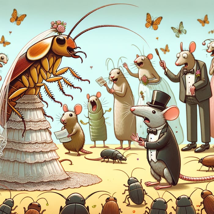 Whimsical Wedding: Female Cockroach & Male Mouse Ceremony in Natural Setting Whimsical Wedding: Female Cockroach & Male Mouse Ceremony in Natural Setting