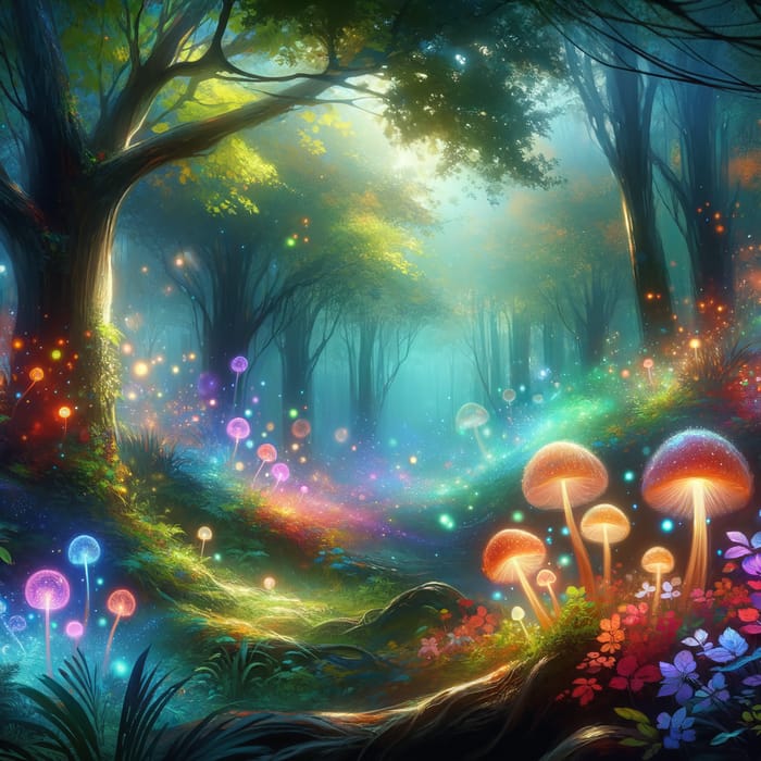 Enchanted Forest with Glowing Mushrooms | Ethereal Digital Art