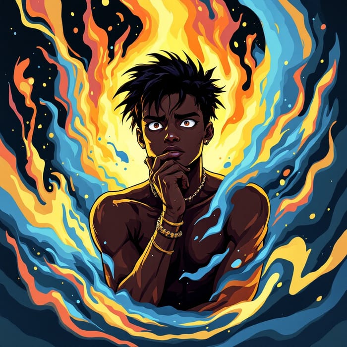 Stylized Black Anime Character Art in Vibrant Colors