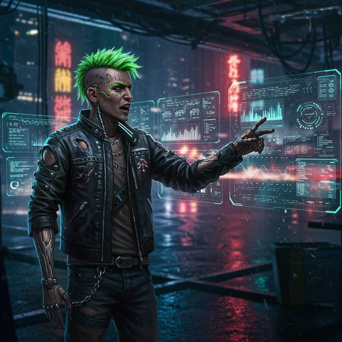 Cyberpunk Gang Member Presentation on Hovering Screens