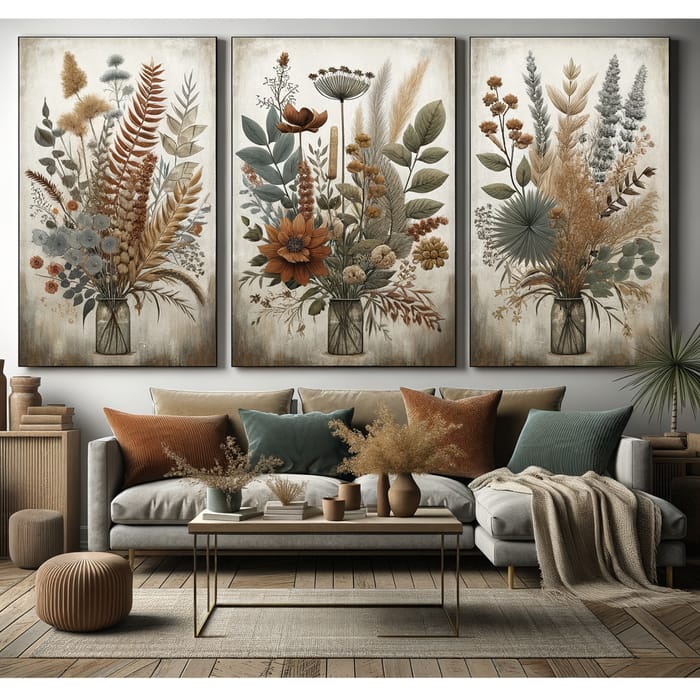 Tranquil Botanical Illustrations Diptych | Rustic Living Room Decor