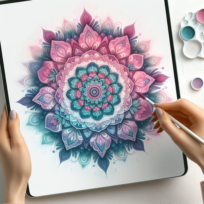 Ethereal Pastel Mandala Illustration in Pink, Purple & Teal