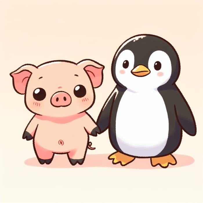 Cute Penguin and Piglet Cartoon Holding Hands