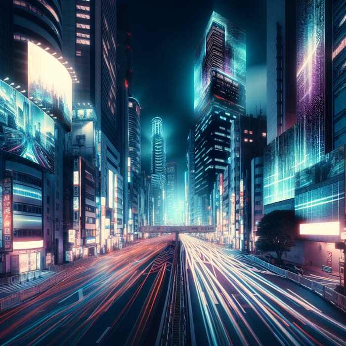 Futuristic Cyberpunk Cityscape with Neon Lights at Night