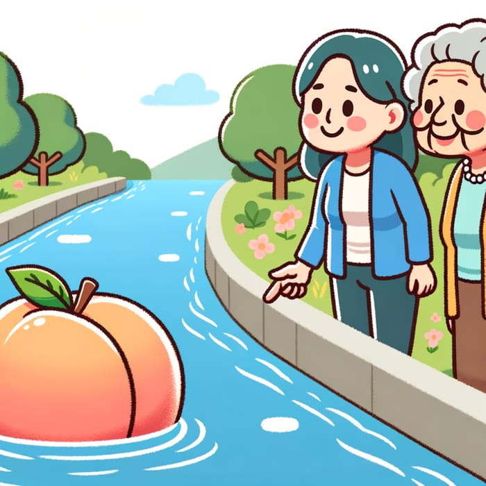 Joyful Elderly Women Watching Giant Peach Floating Down River Joyful Elderly Women Watching Giant Peach Floating Down River