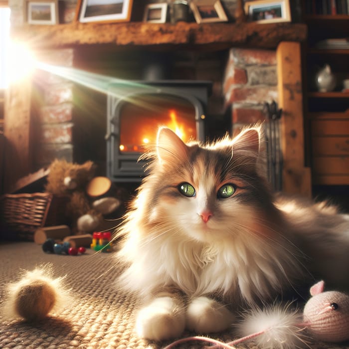 Fluffy Cat Relaxing in Sun-Drenched Living Room