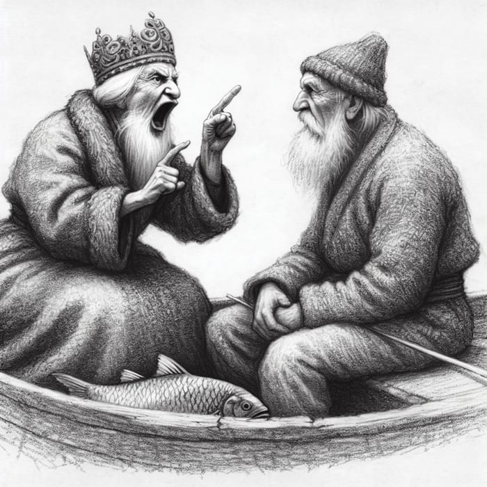 Russian Monarch Startles Elderly Fisherman: Artwork in Gray Crayon Sketch