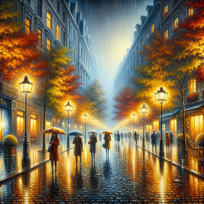 Rainy European Street at Night - Fall Oil Painting