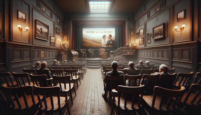 Intimate 1920s Movie Theatre with Vintage Wood Chairs | Classic Cinema Nostalgia