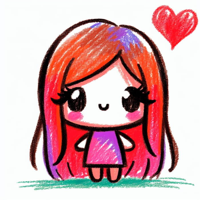 Vivid Chibi Girl Holding Heart - Colorful Crayon Drawing