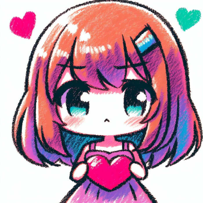 Vivid Chibi Girl Holding Heart - Colorful Crayon Illustration