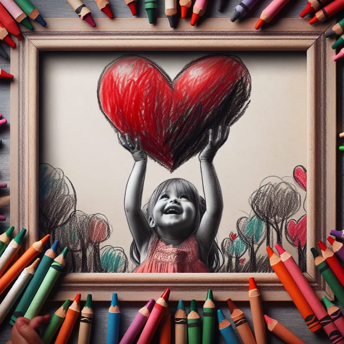 Heartwarming Child Painting in Crayon Framed with Love