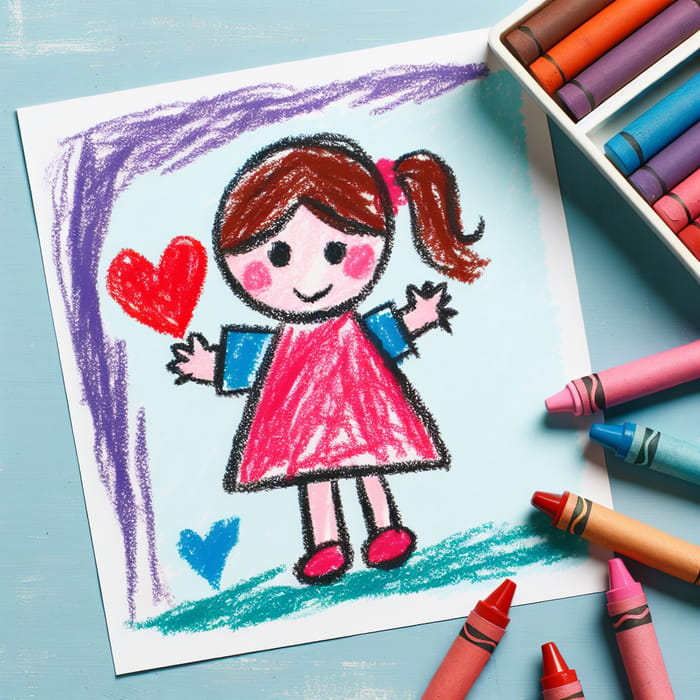 Child's Drawing of Girl Holding Heart | Vivid & Colorful Art