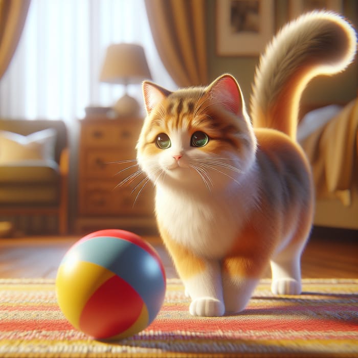 Playful Scene: Caramel and White Cat Pouncing on a Multicolored Ball