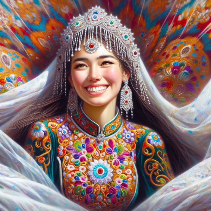 Joyful Tajik Bride in National Dress at Wedding Ceremony