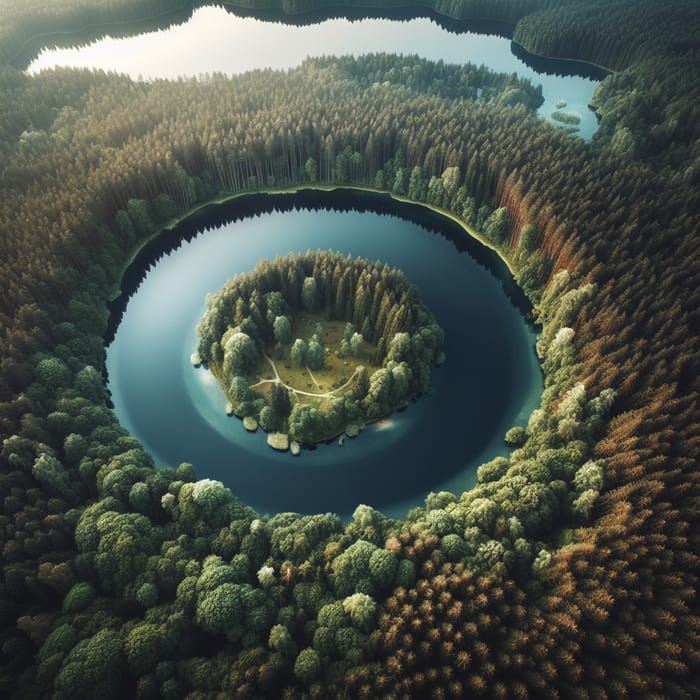 Aerial View of Perfectly Round Lake in Dense Forest