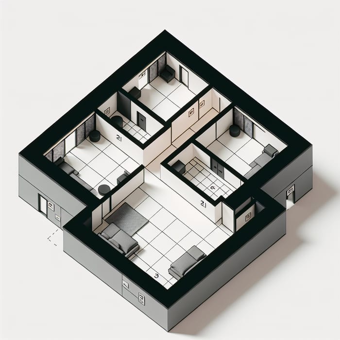 2D Square Layout with Three Rooms, Pencil Drawing