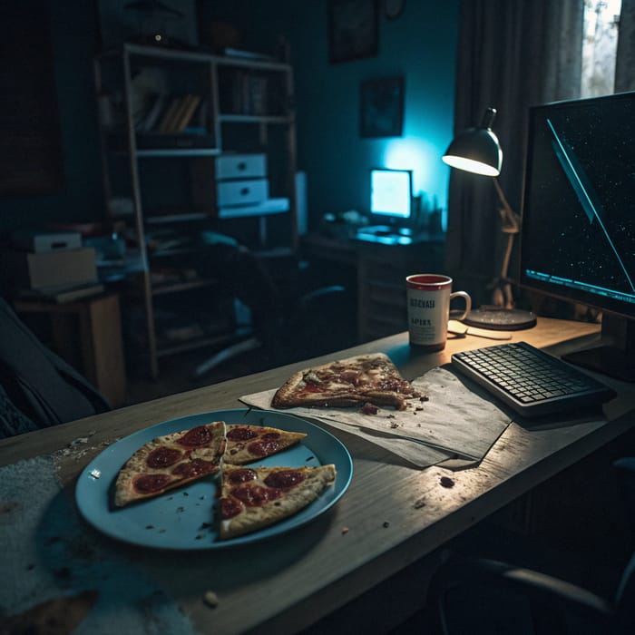 Messy Room with Pizza and Blue Lighting