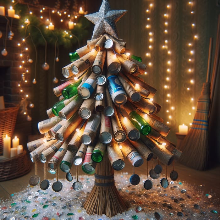 Recycled Christmas Tree with Newspaper Garland & Bottle Cap Ornaments