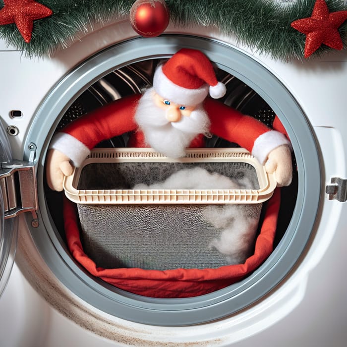 Santa Claus cleaning washing machine filter on Christmas Santa Claus cleaning washing machine filter on Christmas