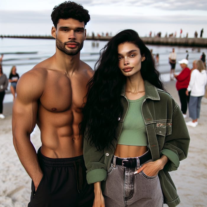 Mixed Race Couple at Beach: Stylish Green Jacket & Polo Outfit